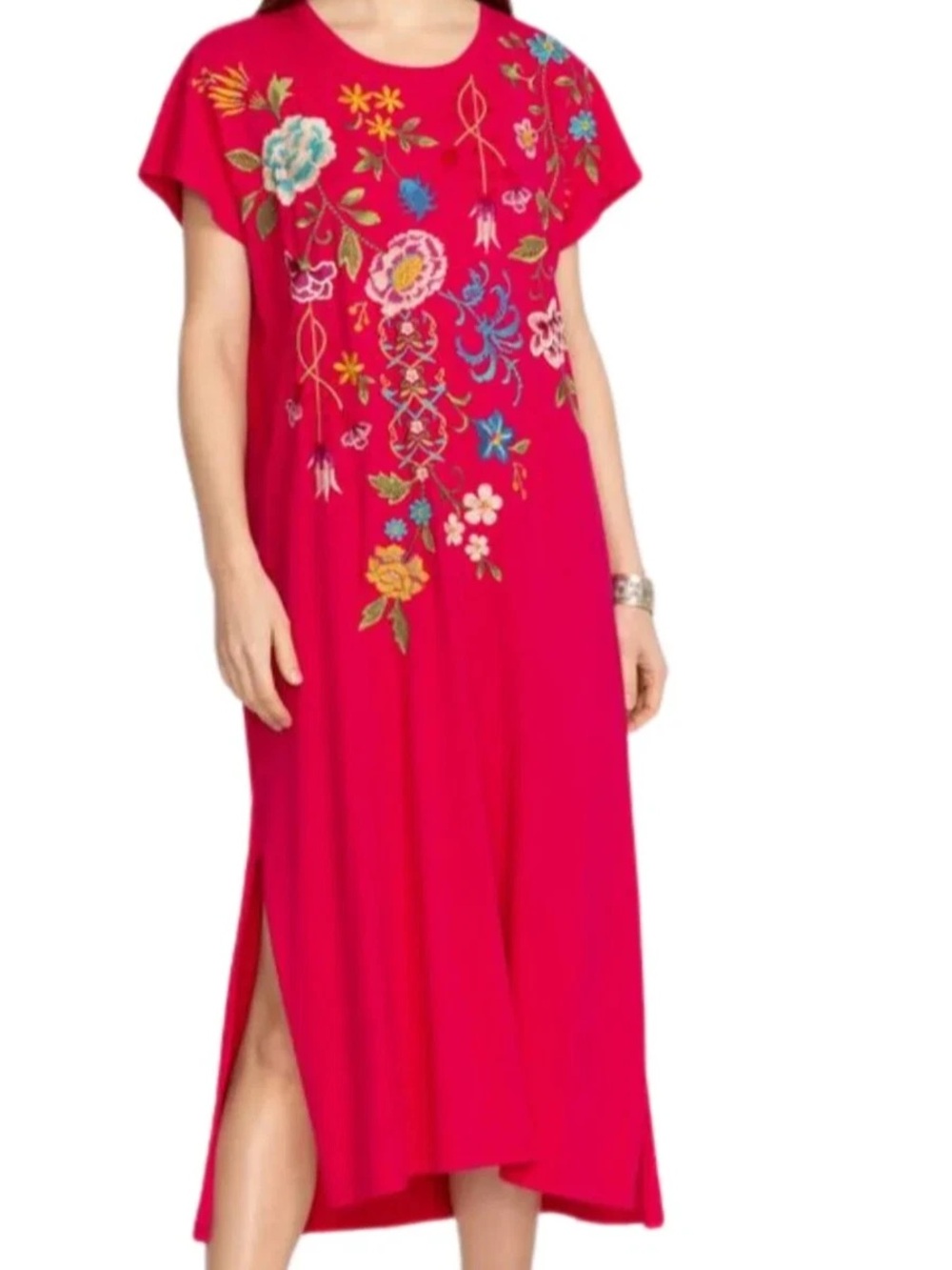 Johnny Was Pink Sheri Relaxed Knit Embroidered Maxi Dress